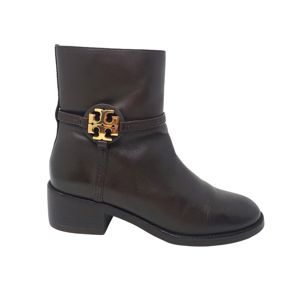 Tory Burch Miller 45MM Ankle Bootie Calf Leather Logo Perfect Brown Size US 8.5